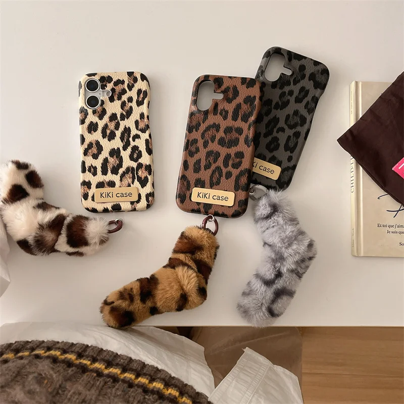 Leopard print leather plush pendant phone case for iPhone 16Promax 15Pro 12pro 13Pro 14Pro light luxury women's anti-drop