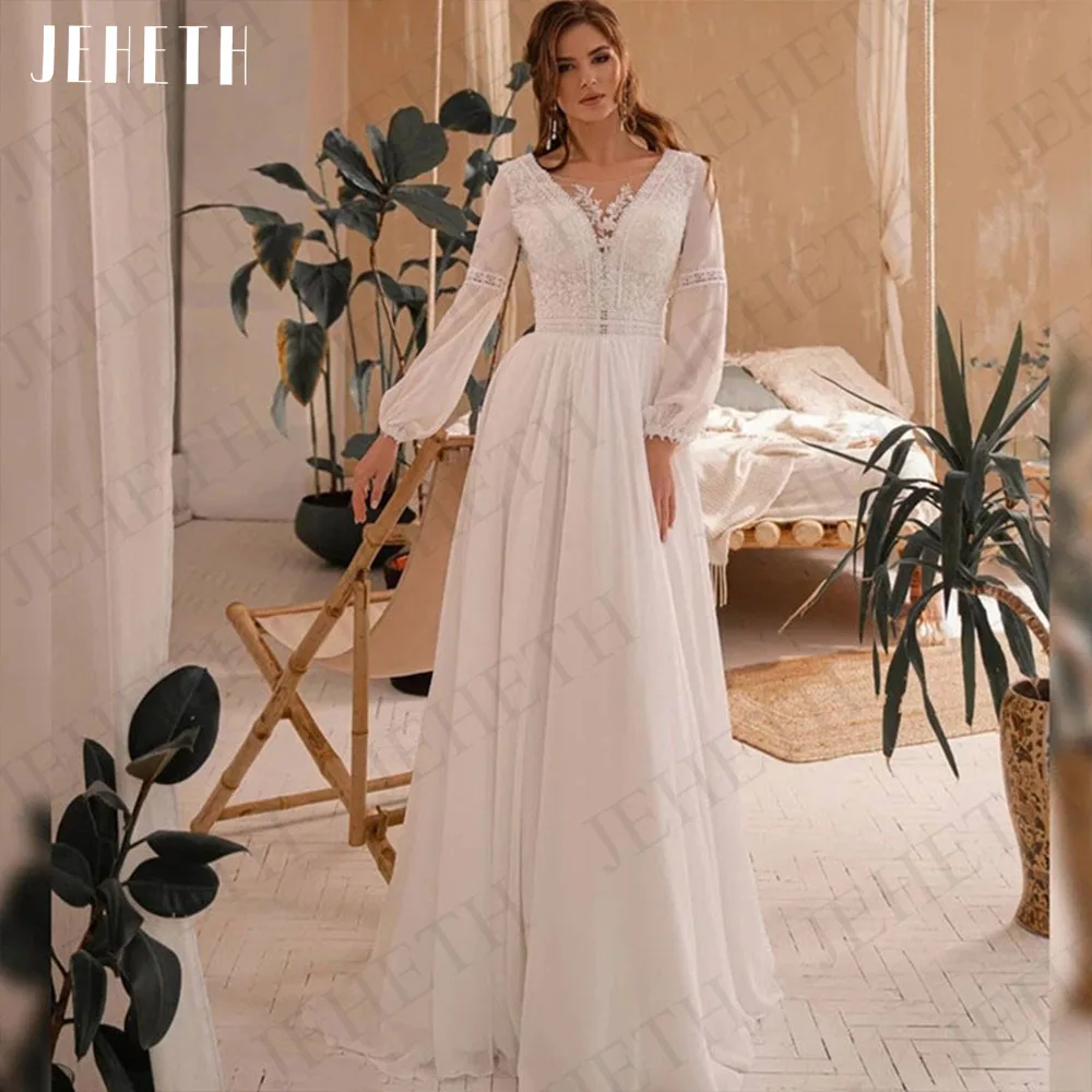 

JEHETH Wedding Dresses Long Sleeves Boho A-Line Vestidos De Novia Elegant Lace Appliques Backless Bride Gowns Chiffon Bridal