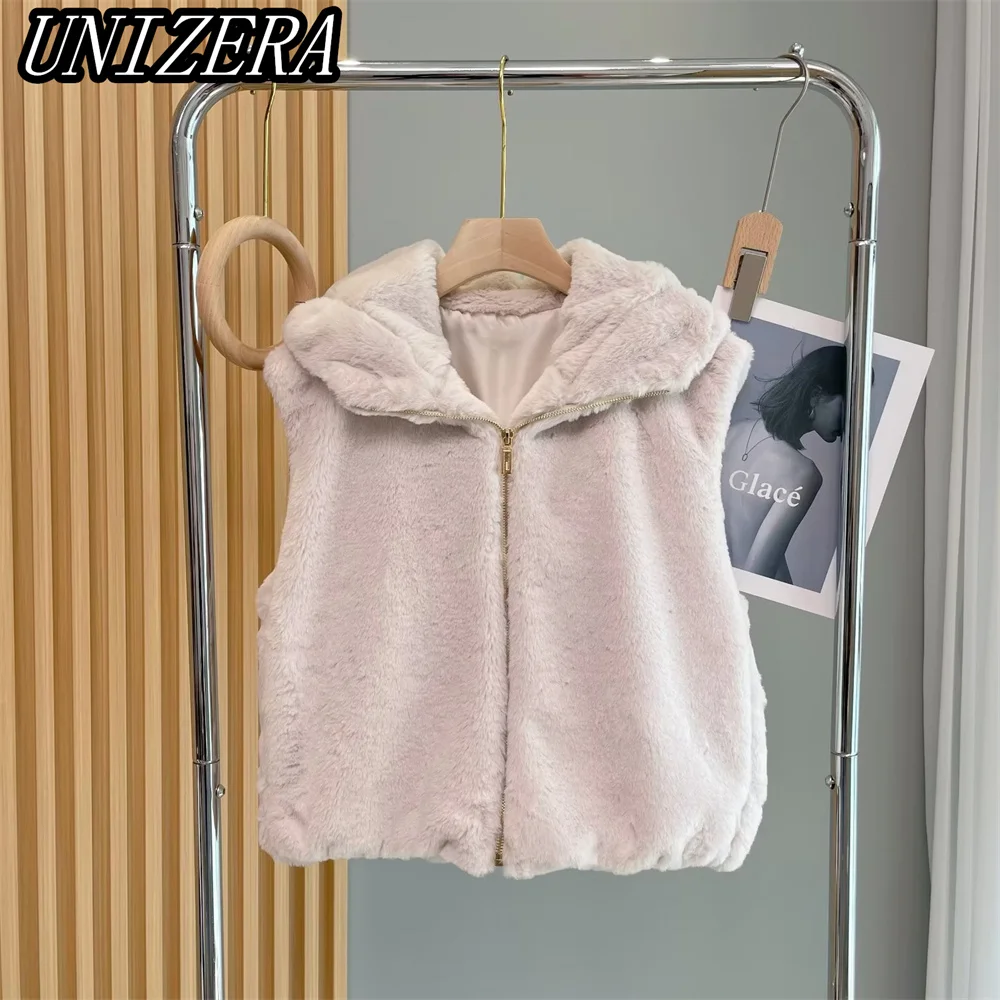 

Новинка осенне-зимняя женская одежда UNIZERA из искусственного меха белый плюшевый жилет без рукавов с капюшоном 6318238