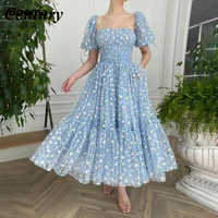 century blue square neck midi prom dresses short sleeves daisies lace prom gowns with pockets tea length wedding party dresses