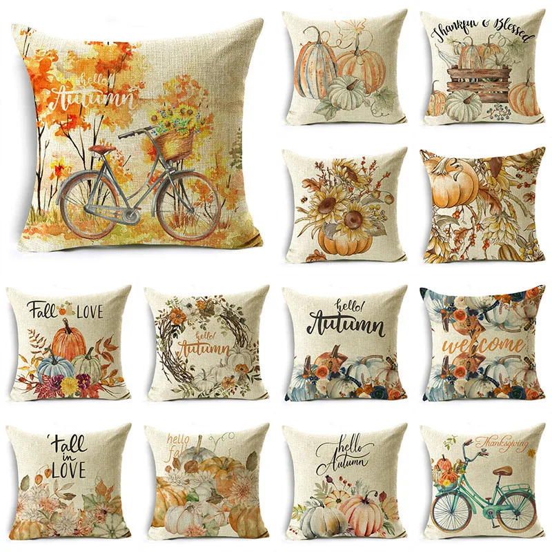 

TFAN Pumpkin Car Autumn Linen Pillowcase Maple Leaves for Sofa Bedroom Cushion Cover Decor 40cm 45cm 50cm Multiple Sizes