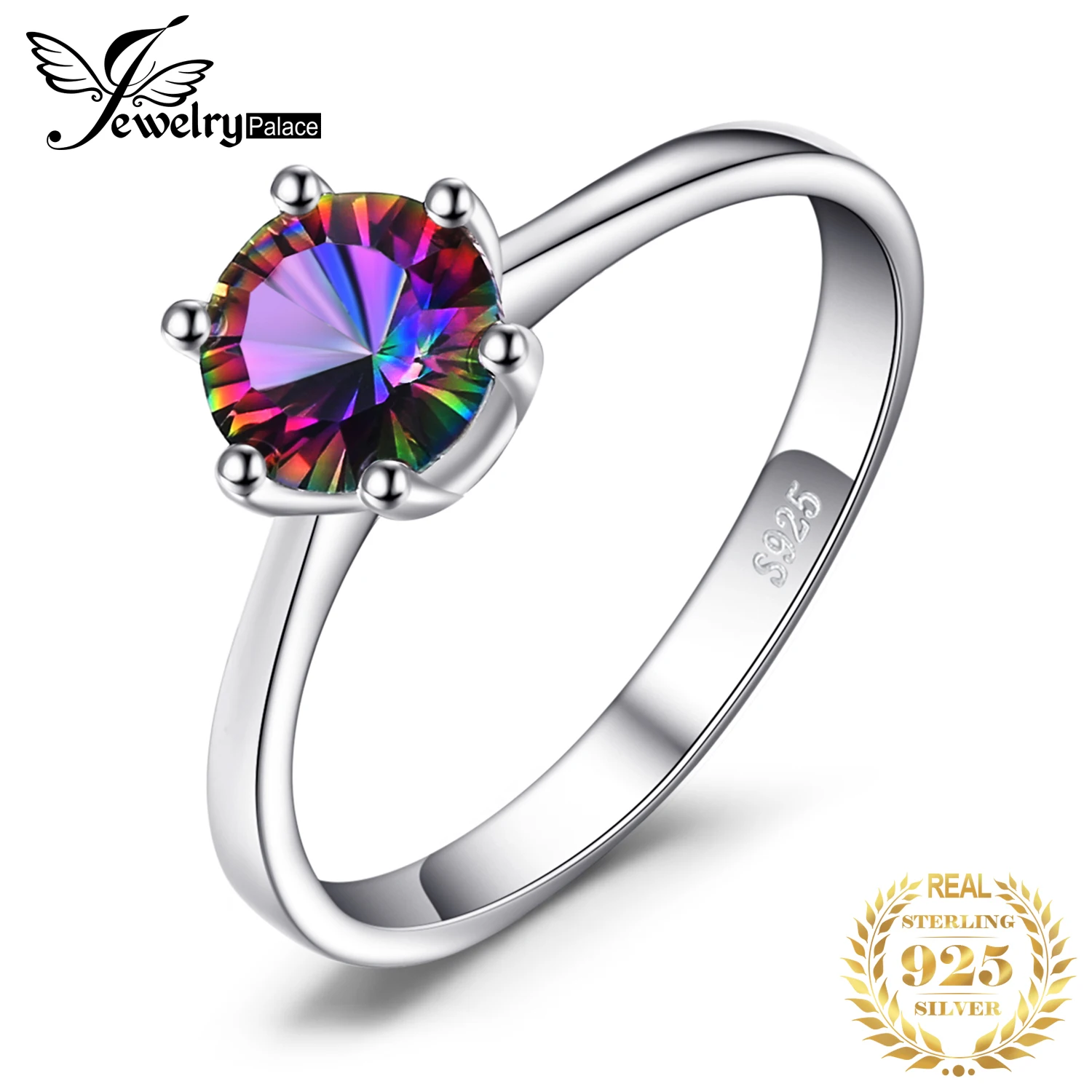 

JewelryPalace Genuine Natural Rainbow Mystic Topaz 925 Sterling Silver Ring for Women Solitaire Gemstone Jewelry Engagement Ring