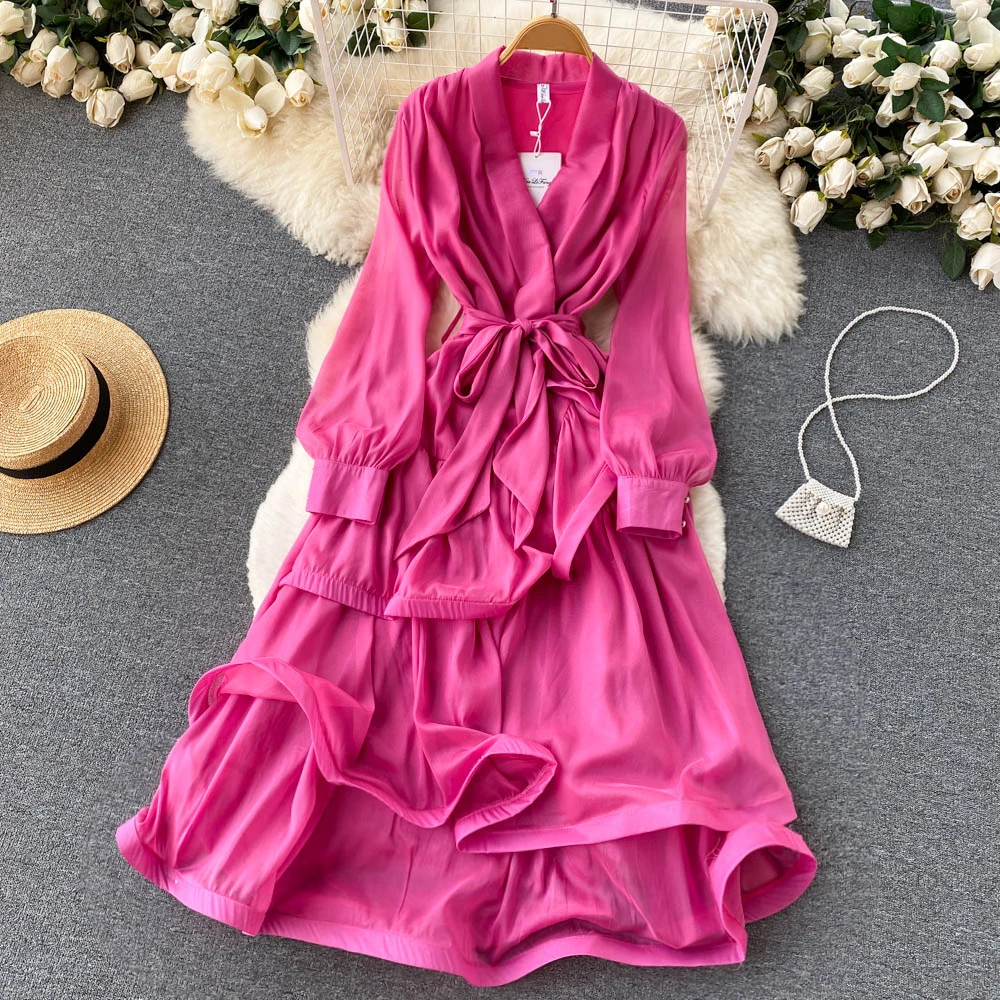 

Clothland Women Vintage Ruffled Maxi Dress Long Sleeve Asymmetrical Hem Sashes V Neck Green Pink Chic Long Dresses QB167