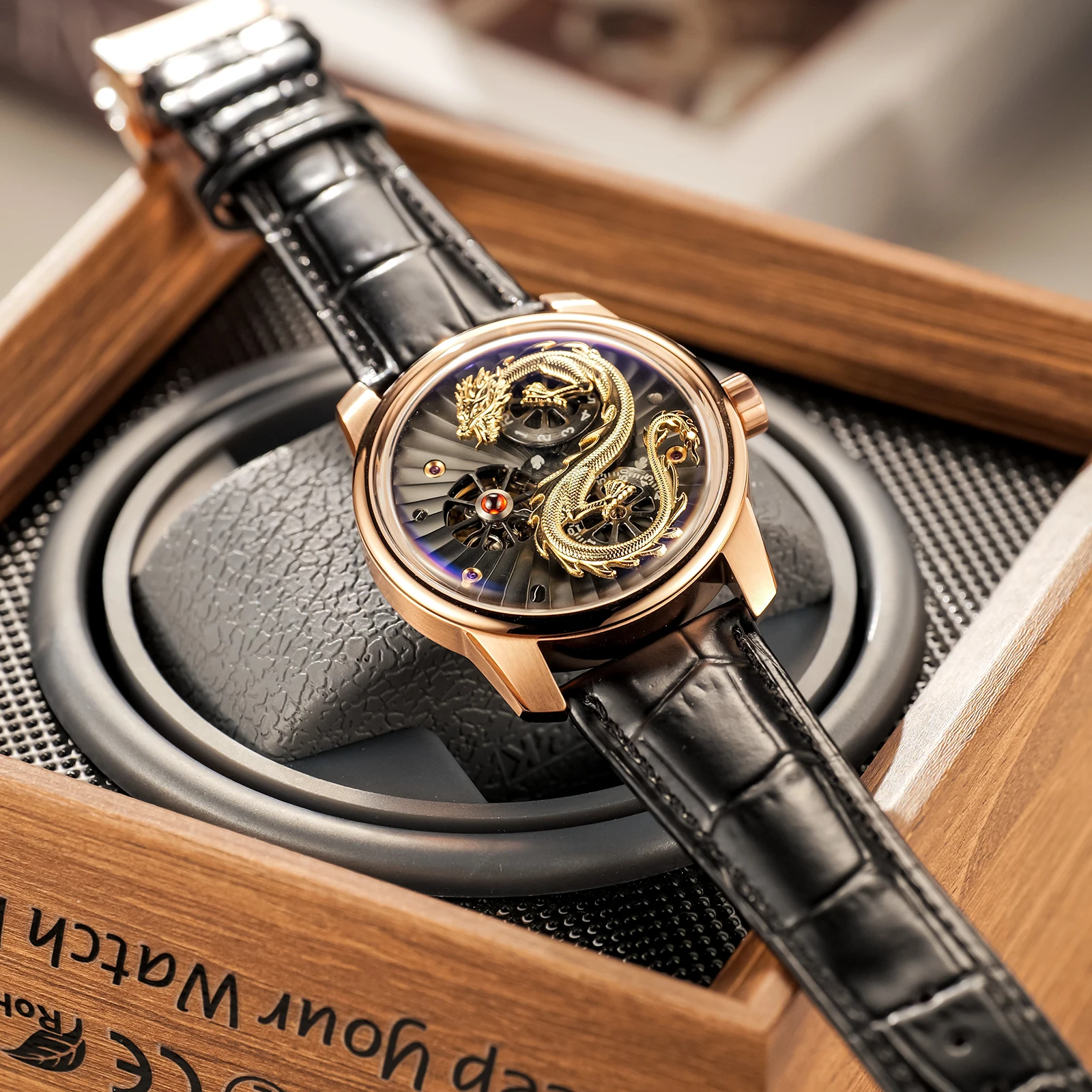 Автоматические часы OBLVLO мужские цвет розовое золото искусственная кожа