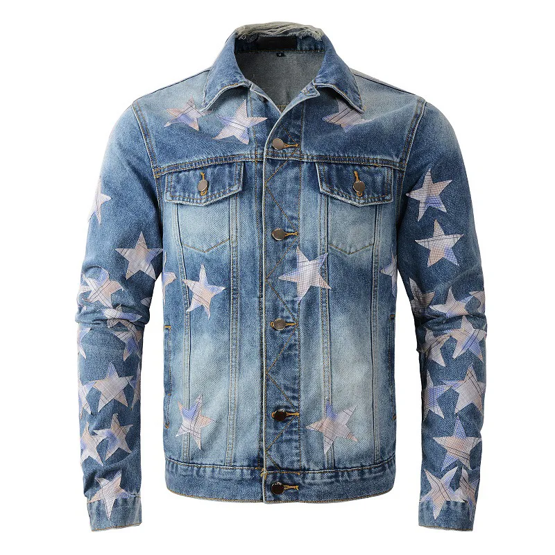 Fashion Brand Autumn Faded Blue Vintage Distressed Clothes Stars Patches Ripped Coats Buttons Pockets Denim Jackets for Men