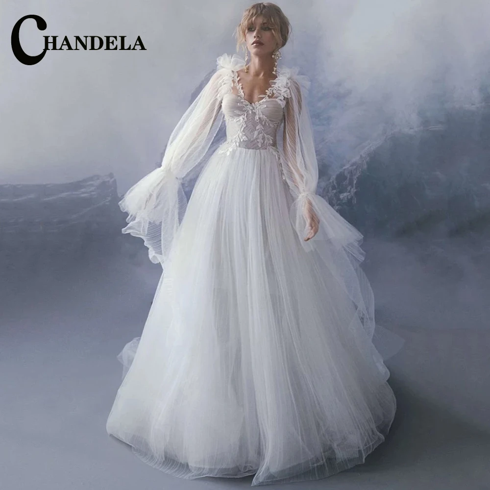 

CHANDELA Beauty Wedding Dresses Lace Up Appliques Puffy Sleeves Tulle Backless Bridal Gown Robe De Mariée For Women Custom Made