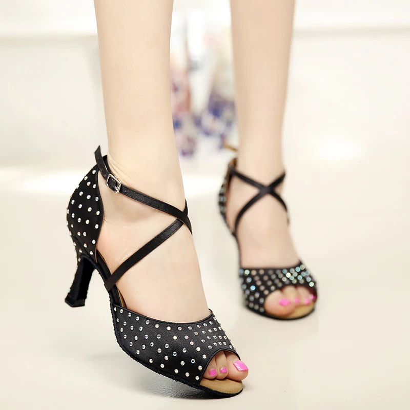 Woman Rhinestne Latin Ballroom Dance Shoes Black Suede Leather Rhinesone Kizomba Samba Salsa Dancing Shoes for Wedding Party