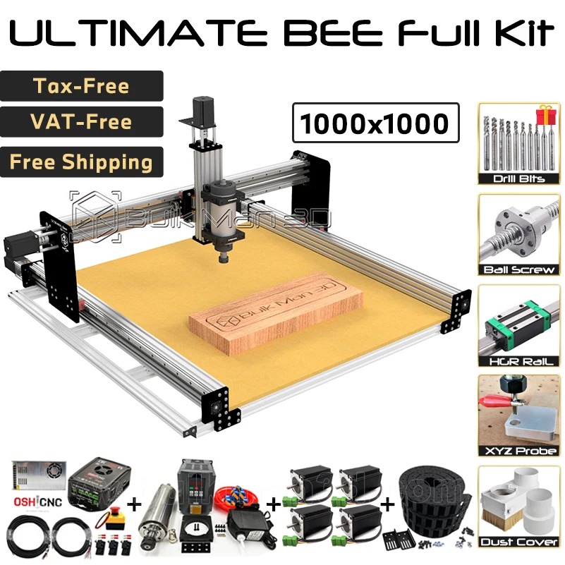 

BulkMan 3D 1000x1000mm ULTIMATE Bee CNC Router Complete Kit Ball Screw Upgraded Linear Rail Wood Milling Machine 4aixs Engraver
