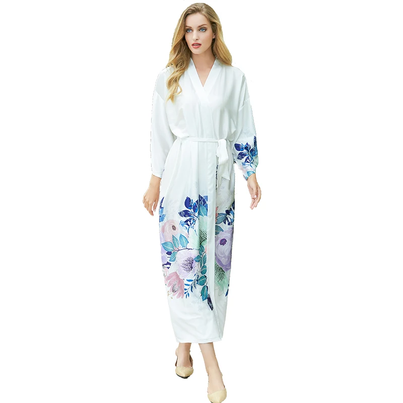 Robes Floral Style Satin Silk Robe Long Flower Printing Bride Robes Women Sleepwear Lady Bathrobe Home Wear