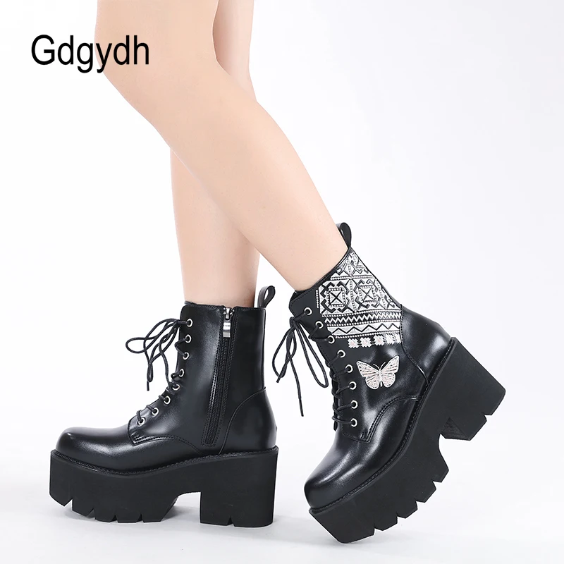 

Gdgydh Chunky Platform Boots Heels Cowboy Embroidery Western Mid Calf Boots for Women with Laces and Zipper EMO Shoes Sewing
