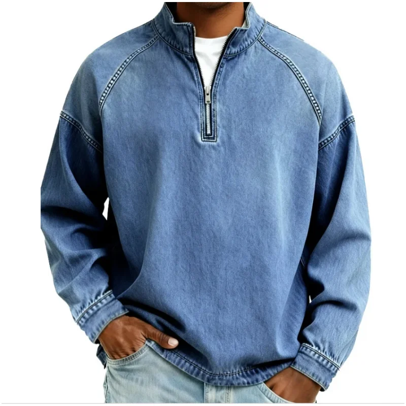 Фото Мужские свитшоты Henley с воротником-стойкой, винтажные, с эффектом потертости, на молнии до середины груди, из денима, с длинным рукавом №1