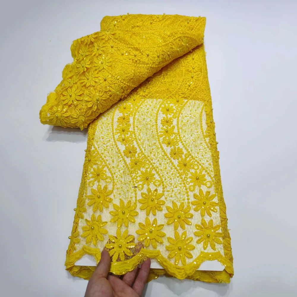 

Yellow African Sequins French Mesh Lace Fabric Embroidery Net Wedding Bridal Beaded Lace Fabric For Dress Asoebi