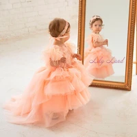 luxury feather flower girl dresses floor length ruffle sleeve pink little girl wedding dress communion pageant birthday gowns