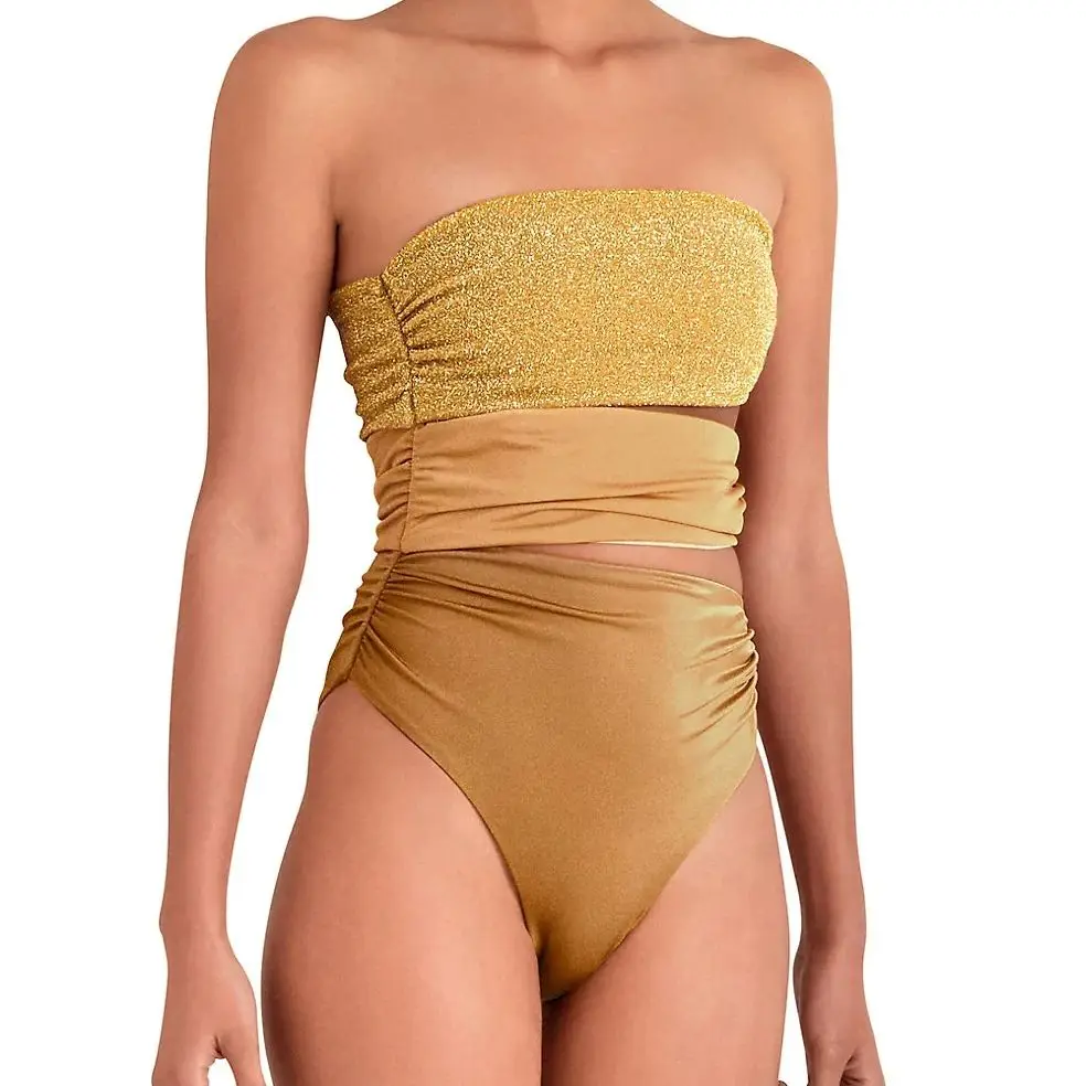Gold Strapless Cut-Out One-Piece Swimsuit Summer Beach Solid Push Up  Lace Stripe Cutout Tight Brazilian Biquini Printed Swim