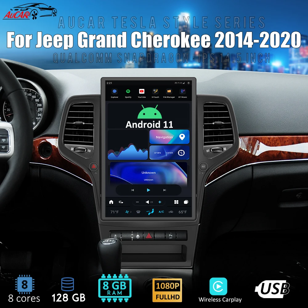

AuCar Tesla 14.5" Android 11 Car Radio Head Unit Multimedia Video For Jeep Grand Cherokee 2014-2020 GPS Navigation Stereo Player