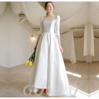 gogob simple a line square neck r050 satin vintage half sleeve backless floor length wedding gown wedding dress bride
