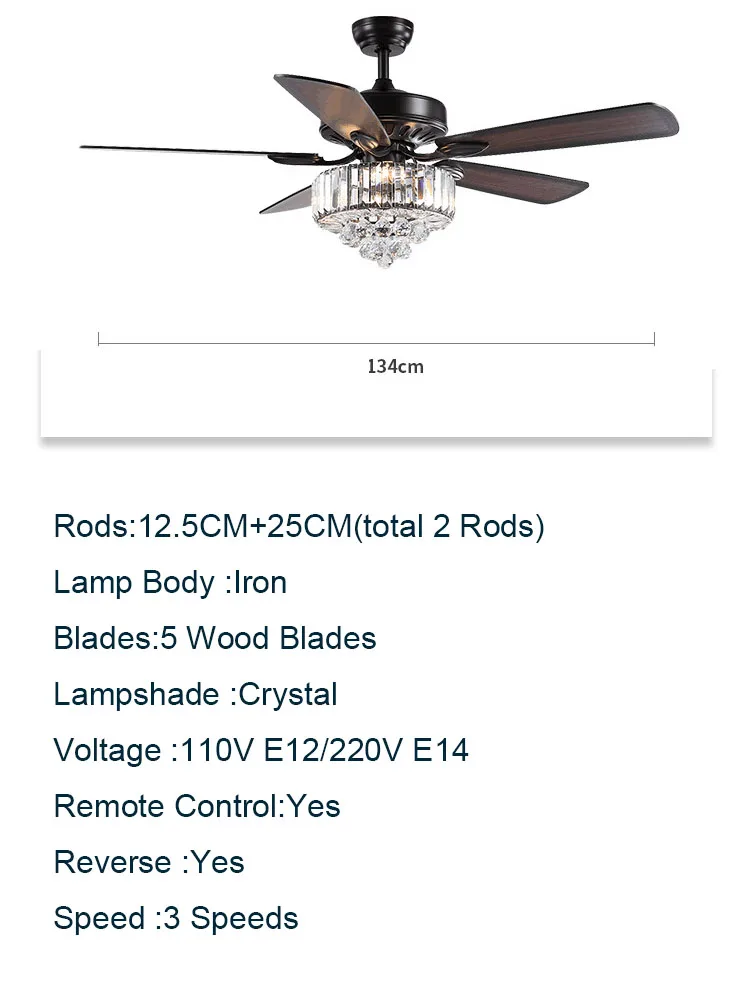 52&quot Silver Black Crystal Ceiling Fans With Light Blades Reverse DC 110V 220V Wood Lamp Remote Control Hanging |