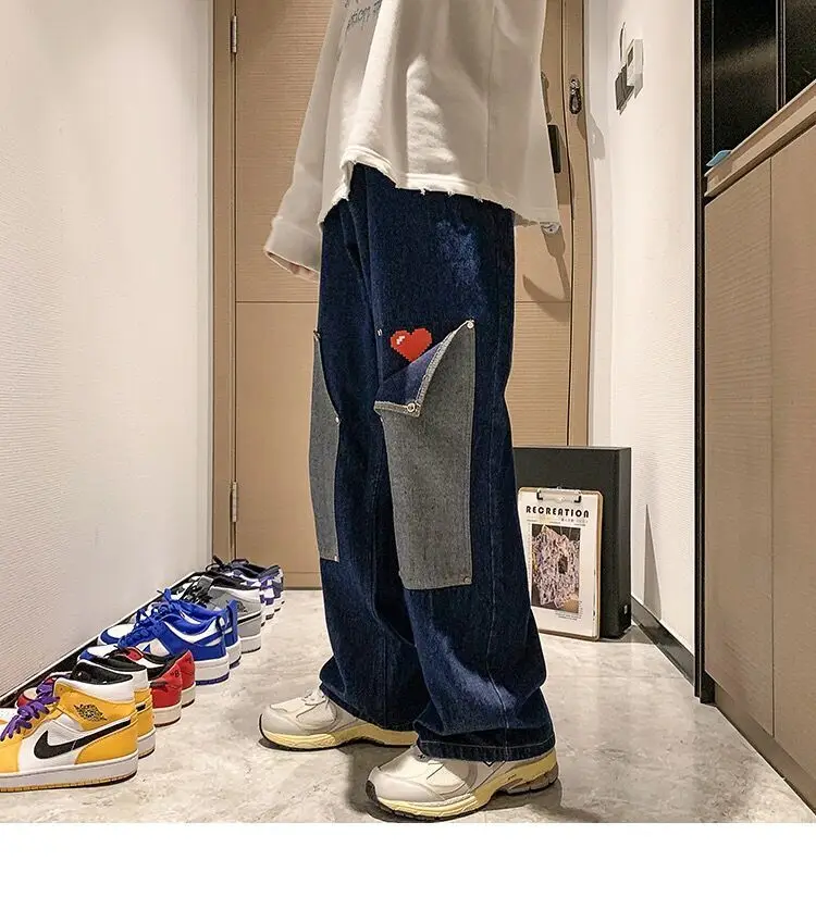 Heart Hip Hop Jeans Men 2022 Trends Clothes Trendyol Printed Man Pants Men's Youth Women's Trousers Baggy Casual Straight