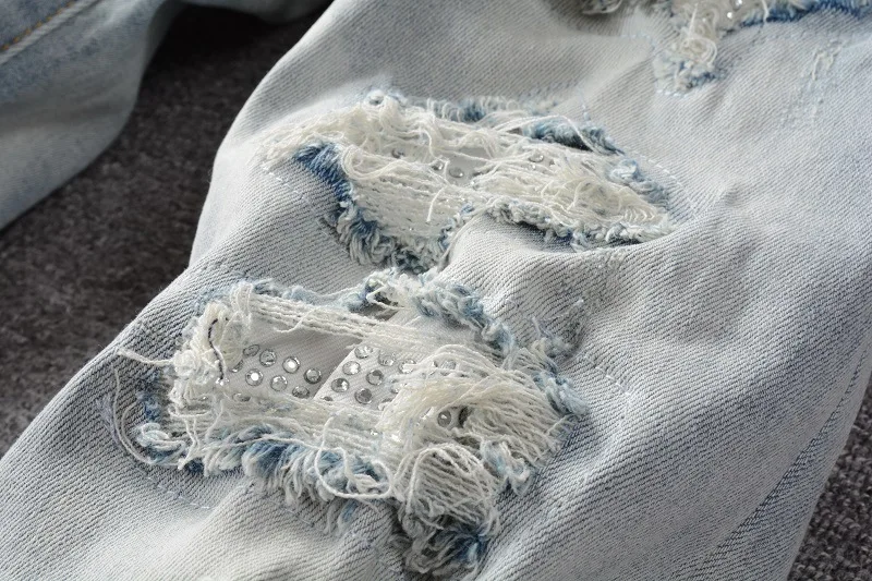 Korean Style New Arrivals Men's Light Blue Ripped Denim Pants Distressed Skinny Stretch Destroyed Patches Casual Jeans 28-40