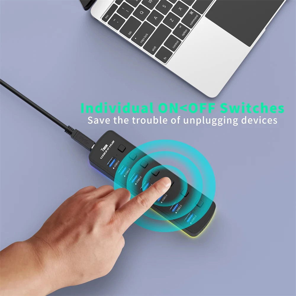 Фото USB-хаб на 7 портов USB 3.0, 5 Гбит/с, высокоскоростной USB-разветвитель с индивидуальными переключателями вкл/выкл для ПК, компьютерных аксессуаров, SSD, RGB USB-хаб №4