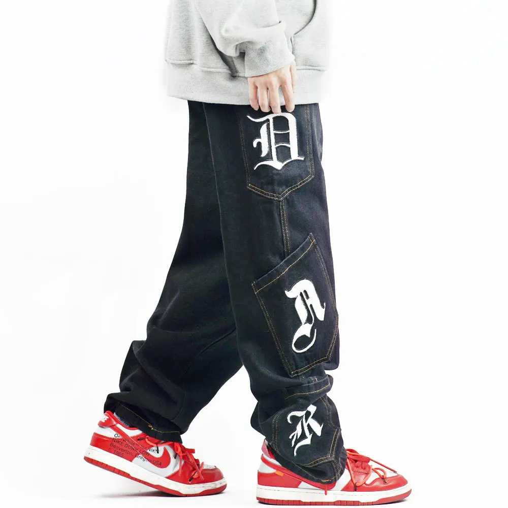 Retro Gothic Letter Embroidery Pockets Washed Jeans Pants Men Women Ripped Straight Oversized Casual Denim Trousers Streetwear