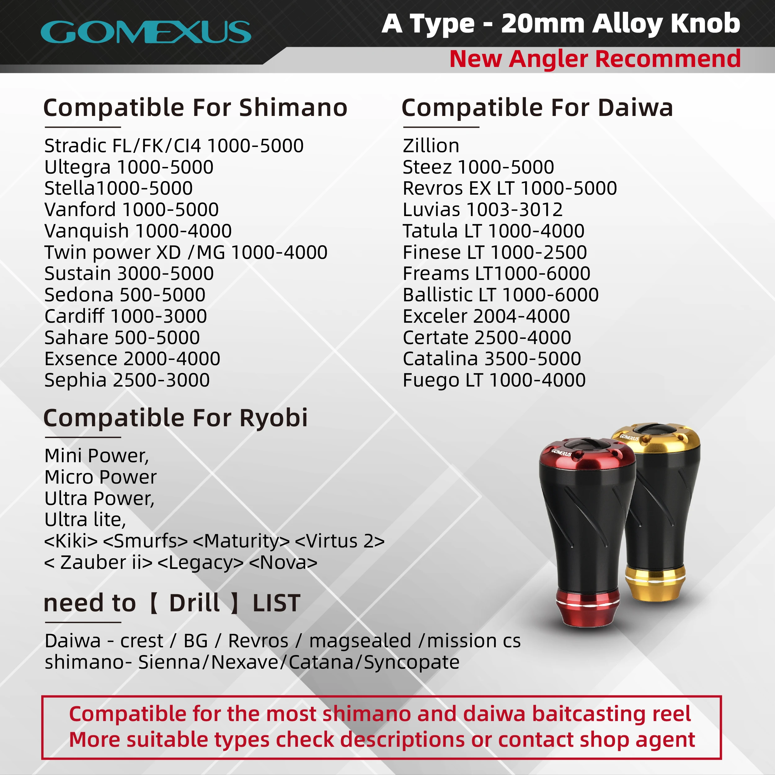 Фото Gomexus 1 шт. вращающаяся ручка катушки из алюминиевого сплава 20 мм для Shimano Stradic Vanford Ultegra Daiwa Fuego LT Zillion Baitcasting №4