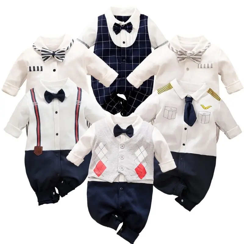 

Infant Gentleman Clothes Baby Romper Toddler Long Sleeve Jumpsuit Baby Clothes New Born Infant Outfit With Bow Tie