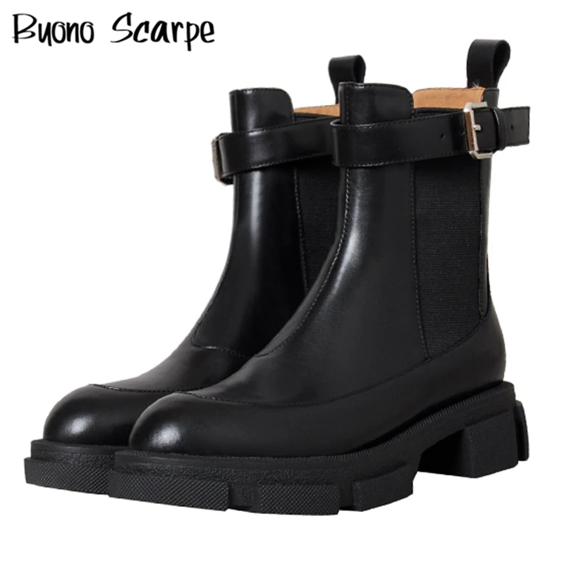 

New Autumn Winter Women Real Leather Belt Buckle Ankle Boots Chunky Platform Fashion Knight Boots Slip On Motorcycle Boots Punk