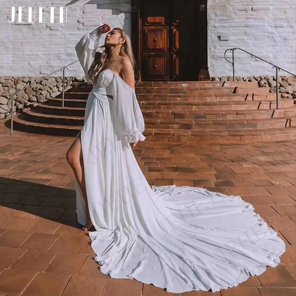 

JEHETH пляжные свадебные платья для женщин с открытыми плечами Бохо Vestido De Casamento сексуальные с разрезом пышными рукавами свадебное платье с открытой спиной Пляжные свадебные платья для женщин с открытыми плечам