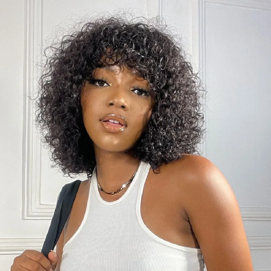 

Kinky Curly Wig With Bangs Curly Human Hair Wigs For Women Human Hair Bob Wig Perruque Cheveux Humain Full Machine Made Wig