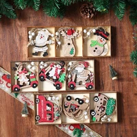 9pcsbox christmas car wooden pendants santa elk christmas tree hanging ornaments 2023 new year noel navidad kids gift supplies
