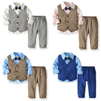 Boys and Girls Long-sleeved White Powder Blue Shirt Vest Suit Suit 2-6 Baby Birthday Party Performance Wedding Dress Gentleman