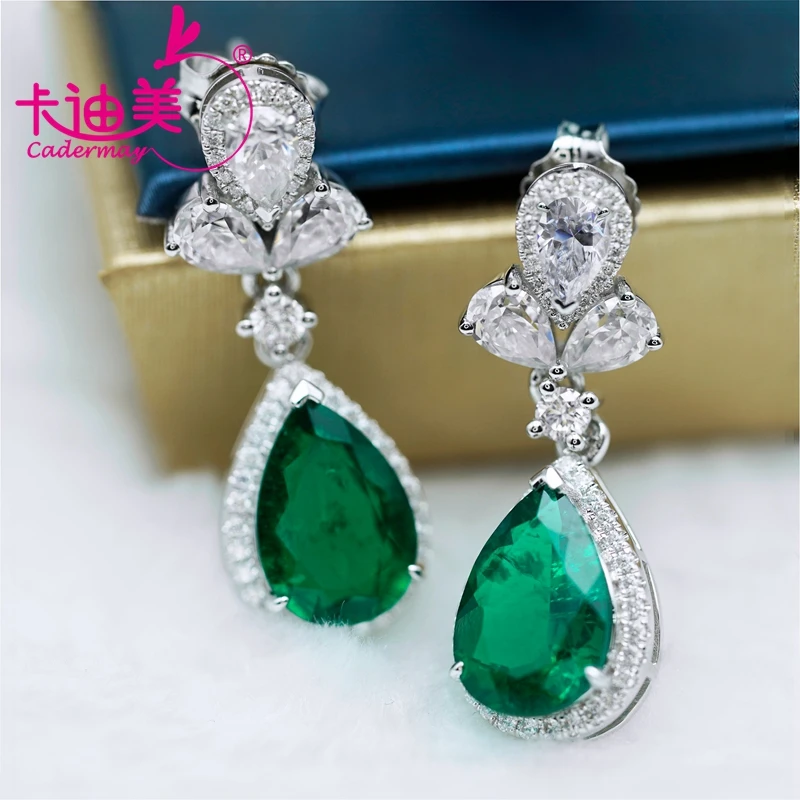 

CADERMAY Jewelry 100% S925 Silver Lab Grown Emerald Drop Shape Anniversary Gift Earrings For Women