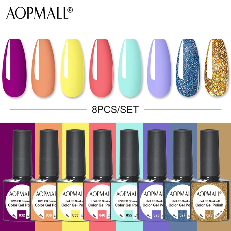 

AOPMALL 8 Colors Nail Kit Gel Nail Polish Set Need Matte Top Coat Base Coat Semi Permanent Soak Off UV Led Hybrid Gel Nails Art