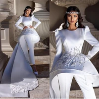 gorgeous satin jumpsuit wedding dress with train long sleeve summer holiday outdoor bridal reception gown pant suits