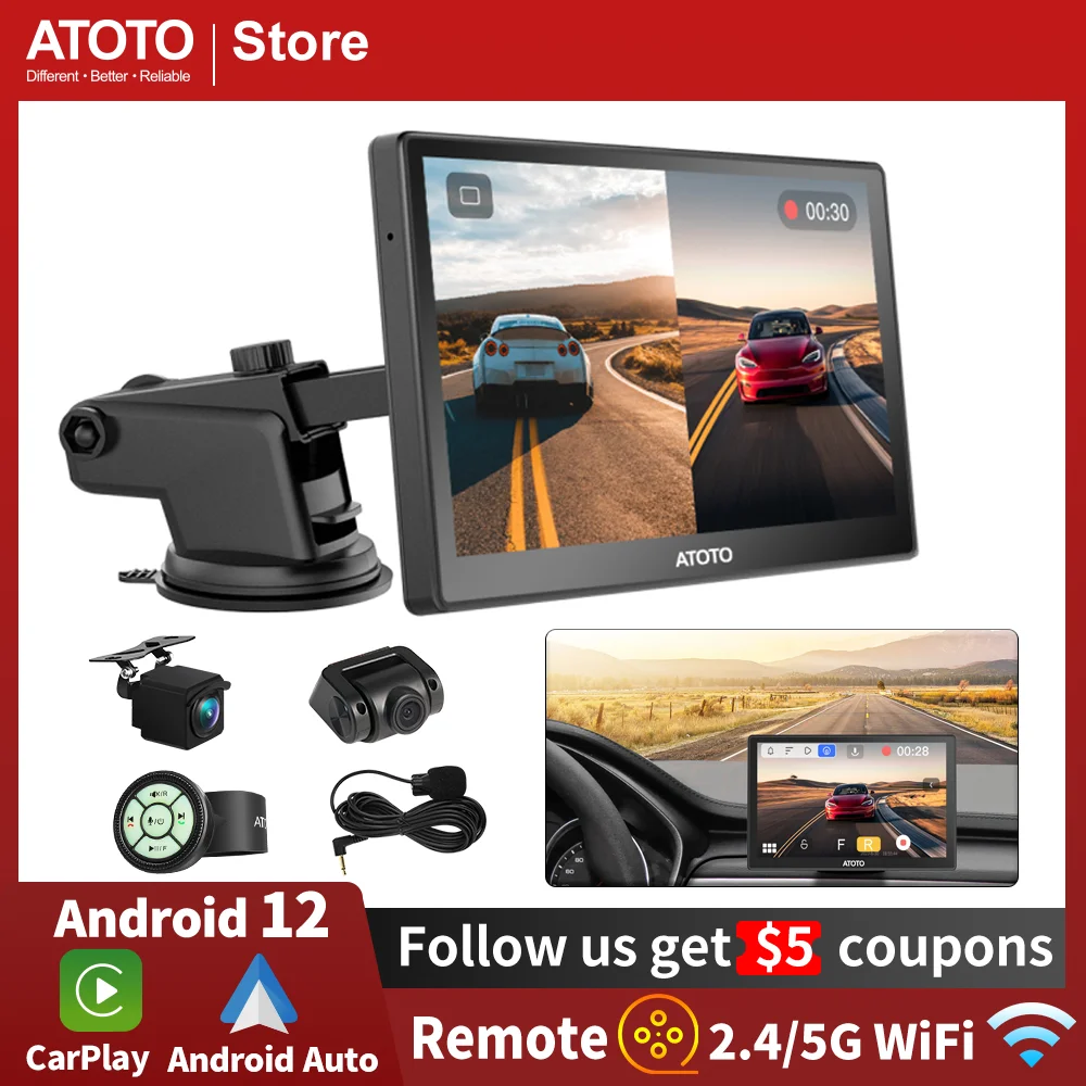 

ATOTO Car Radio Portable Universal 7'' Touch Screen With On-Dash Cameras Remote Control Android CarPlay Car Stereo Multimedia