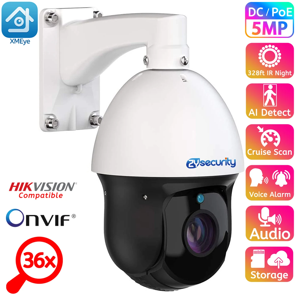 

36X Zoom Surveillance Cameras Outdoor 5MP 150M IR Night Vision H.265 Onvif PoE PTZ Speed Dome Camera 2-way Audio Video IP Camera