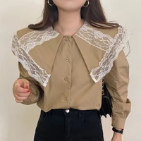 clothland women elegant lace patchwork blouse long sleeve single breasted shirt office wear casual tops blusa mujer la595