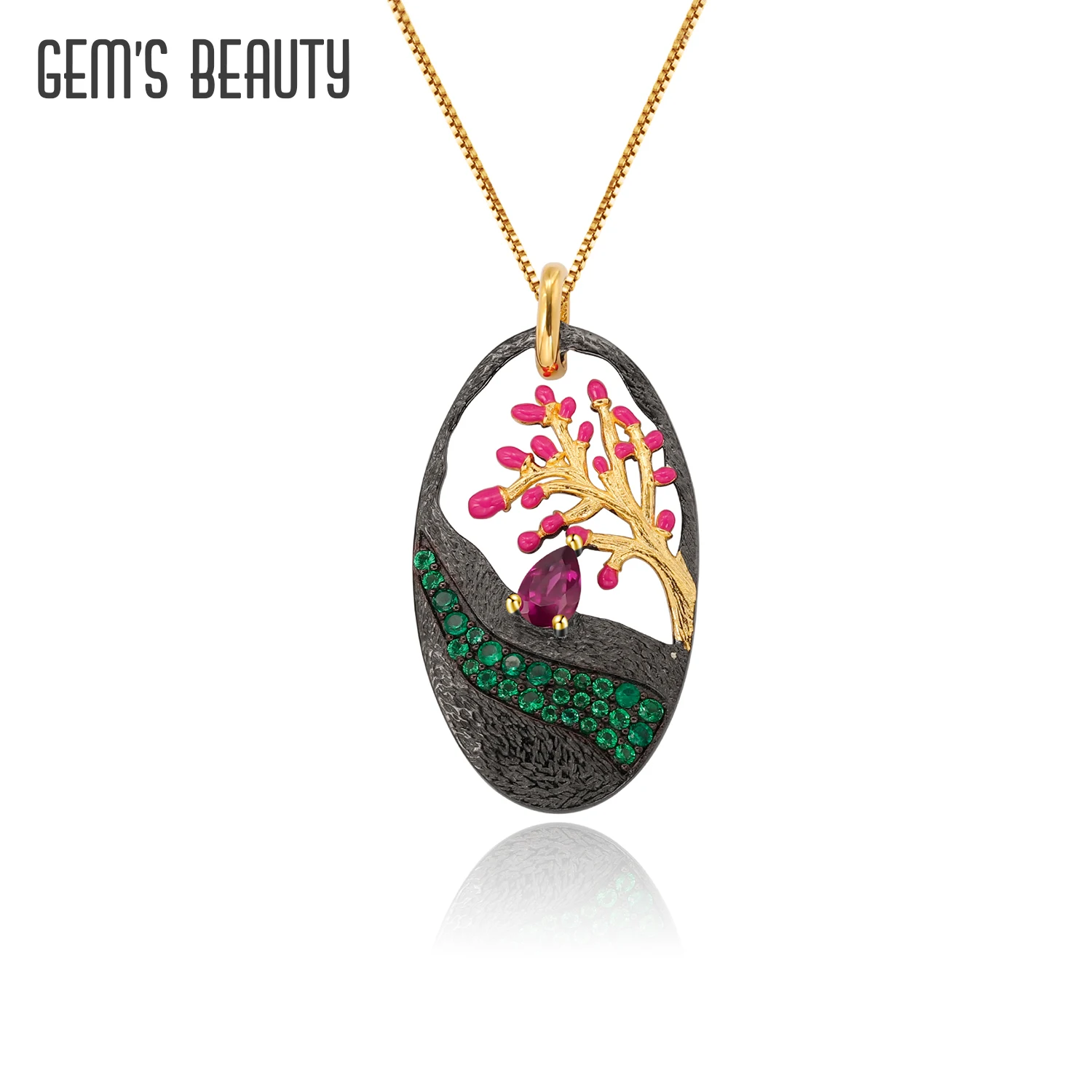 

GEM'S BEAUTY Natural Rhodolite Garnet Statement Handmade Enamel Pendant 925 Sterling Silver Ethnic Style Necklace for Women