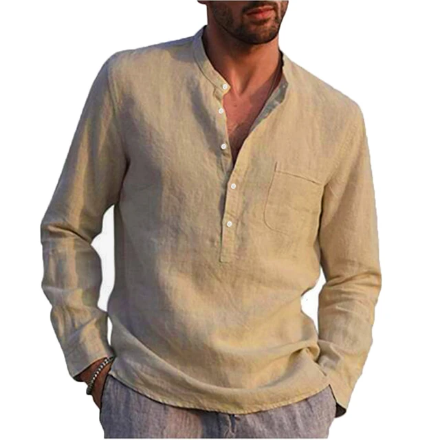 

Hot Sale Men's Long-Sleeved Shirts Summer Solid Color Stand-Up Collar Casual Beach Style Plus Size