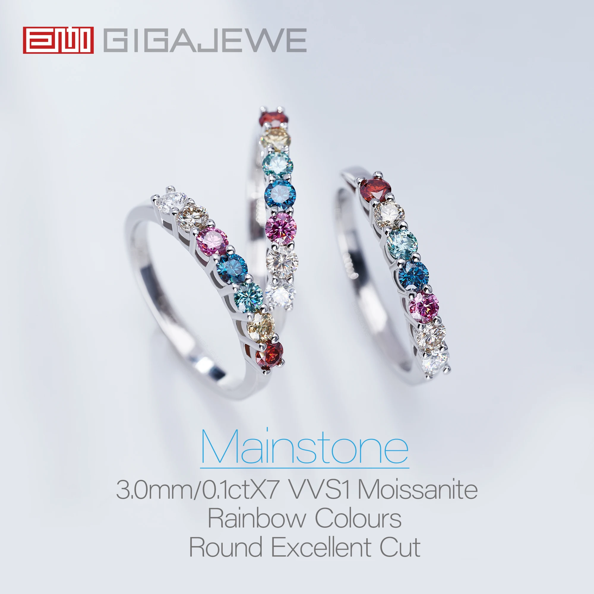 Фото GIGAJEWE Moissanite 0.7ct 3,0 мм Радуга VVS1 круглая огранка 925 серебро полукруг ряд кольцо алмаз тест прошел женщина девушка подарок №3