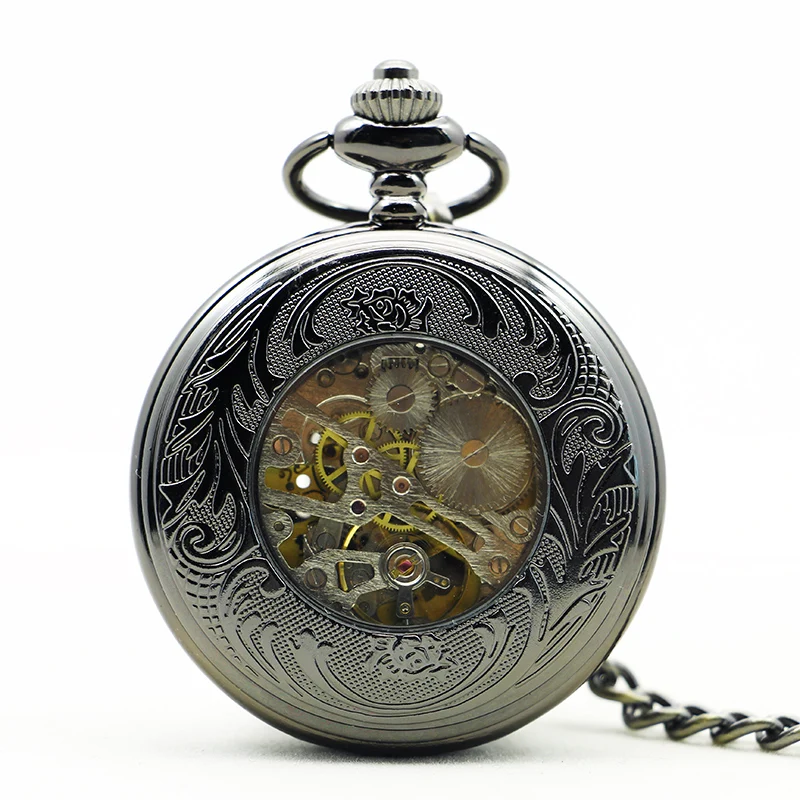 Vintage Skeleton Engraved Hunter Mechanical Pocket Watch For Women Blue Roman Numeral Dial Hand Wind Watch Chain Pendant Gifts