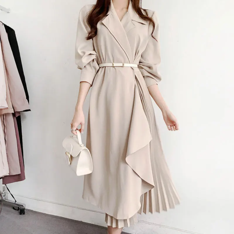 

Clothland Women Elegant Patchwork Pleated Dress Long Sleeve Belt Sashes Spliced Black Office Wear Midi Dresses Vestido QB395