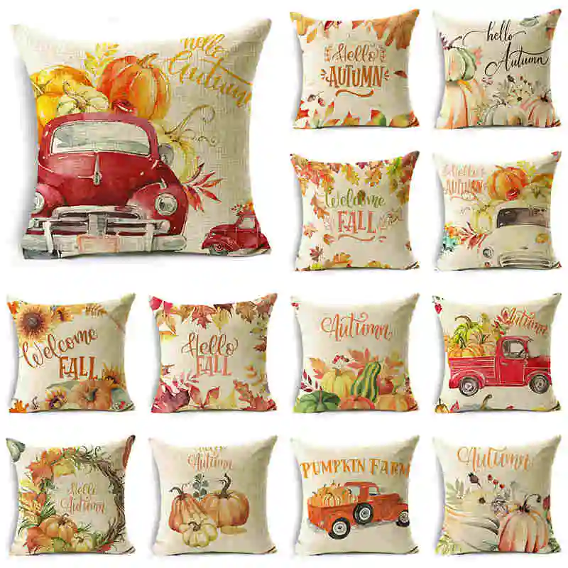 

TFAN Pumpkin Car Autumn Linen Pillowcase Maple Leaves for Sofa Bedroom Cushion Cover Decor 40cm 45cm 50cm Multiple Sizes
