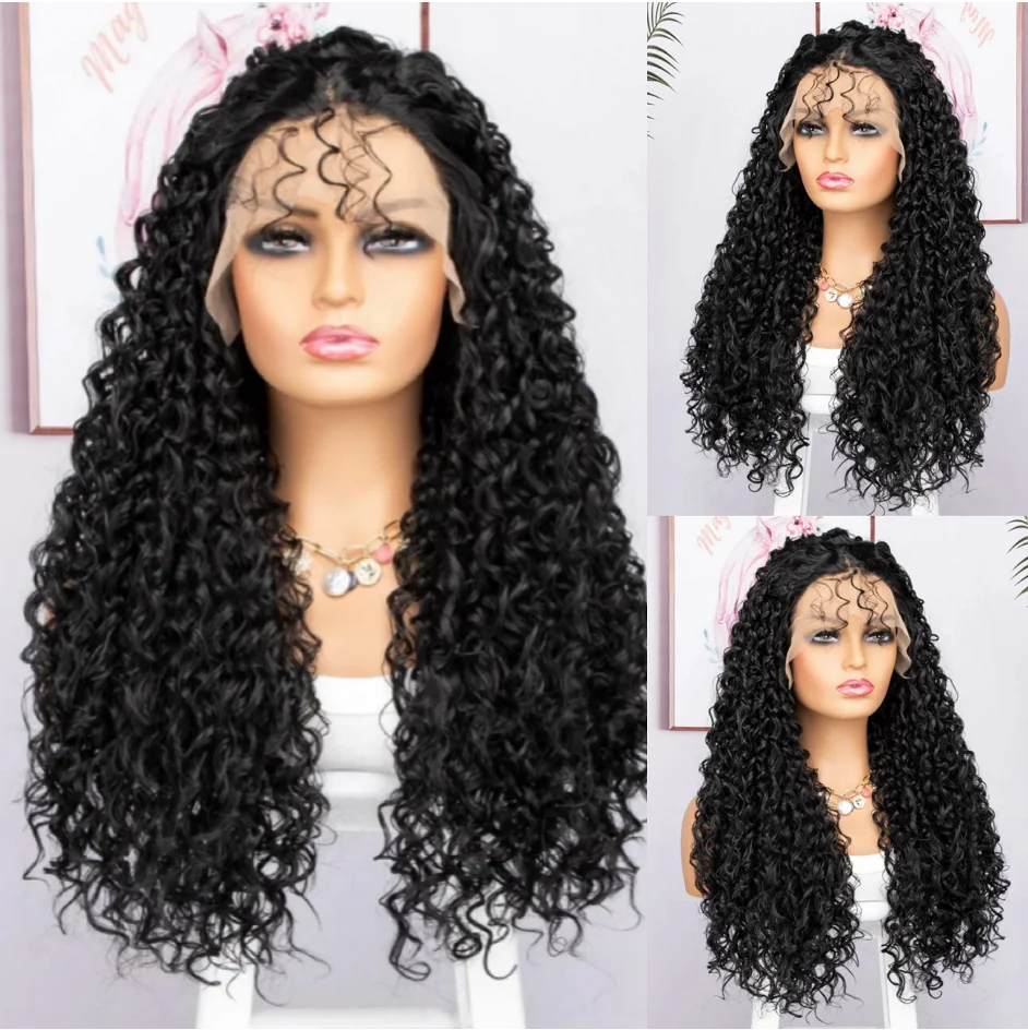 

WIGERA Synthetic On Sale Deep Kinky Curly Long Lady Black Cheap T（13X1） Front Lace Water Wave Wig Heat Resistant For Women