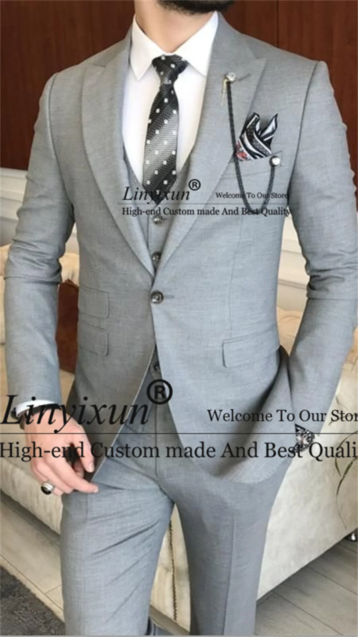 

Деловые серые свадебные костюмы для мужчин, комплект из 3 предметов, деловой пиджак с отложным воротником, смокинг для жениха, облегающий костюм для мужчин