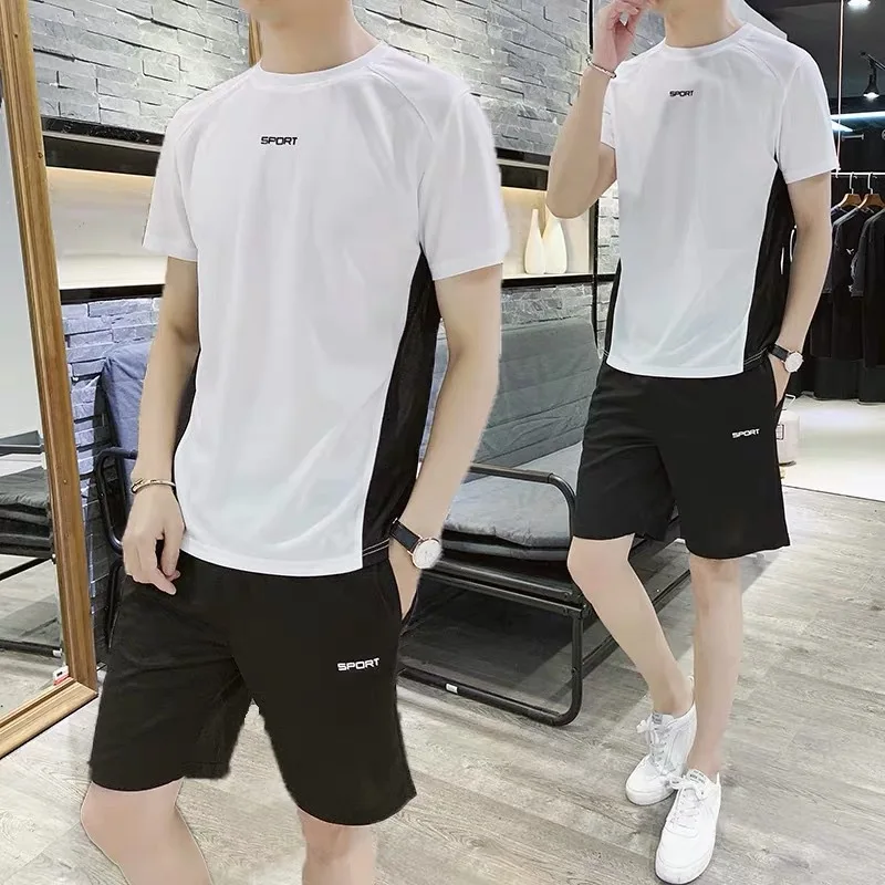 

Set Of 2 Pcs Mens Sportswear Striped Short Sleeve T-shirt & Shorts Set Summer Tracksuit 2021 Basketball Football Sweatshirt Suit