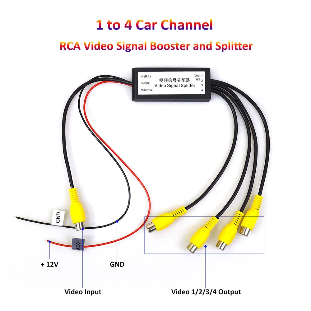 

1 to 4 Car Channel RCA Video Signal Booster and Splitter For 12V