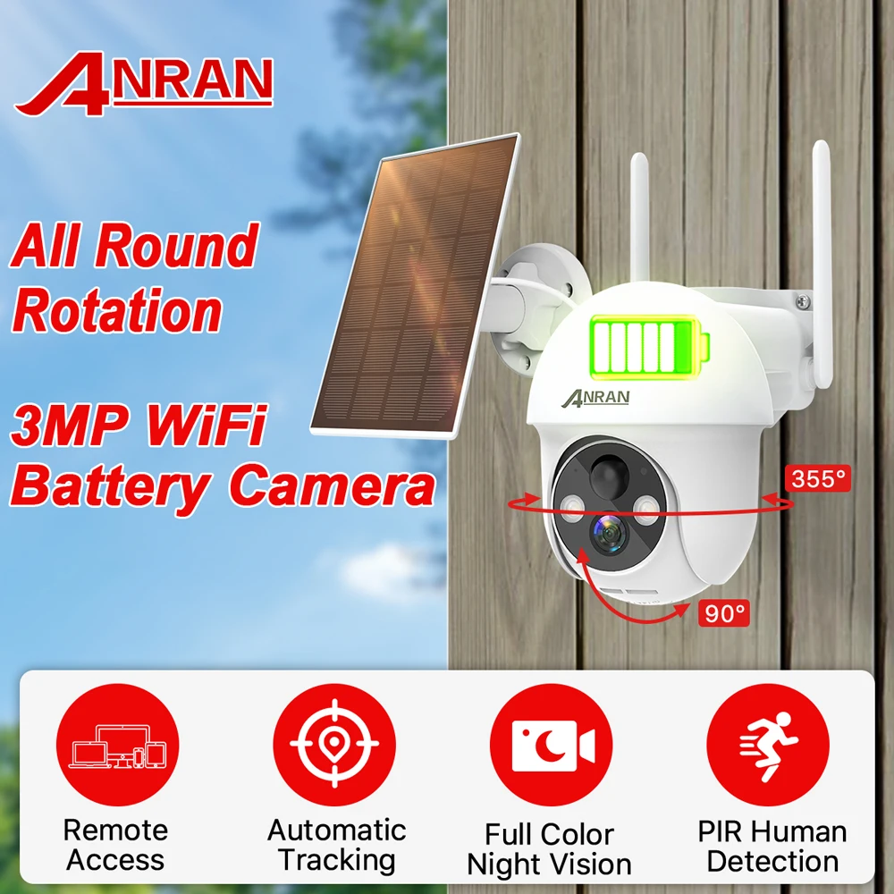 

ANRAN 3MP PTZ Security IP Camera Solar Panel Battery Wireless Surveillance Protection WiFi Outdoor PIR Smart Humanoid Detection