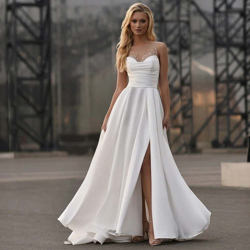 

TIXLEAR Elegant Wedding Dresses Side Slit Sweetheart Beading Button A-Line Bridal Gown Satin Sweep Train Vestido De Novia New